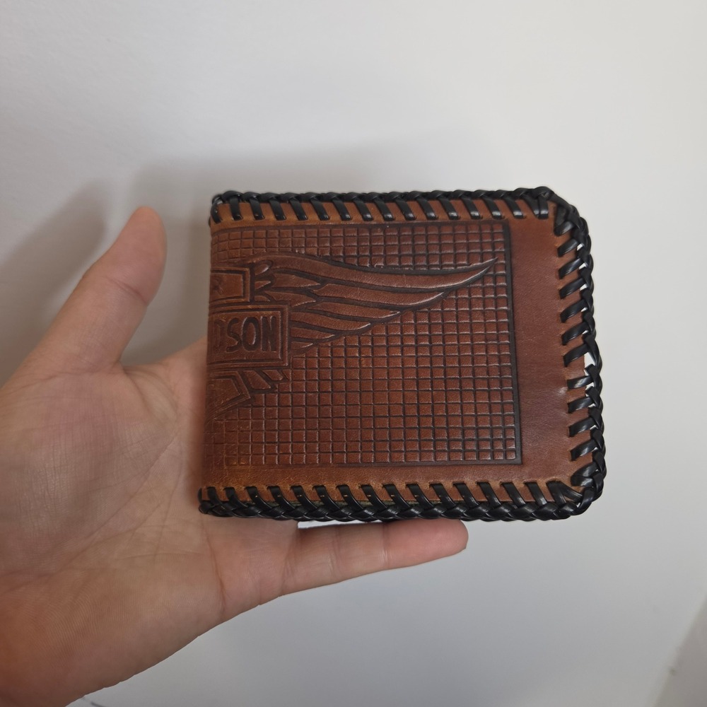 Harley Davidson Vintage Brown Leather Bifold Wallet Whipstitch Biker Winged Logo